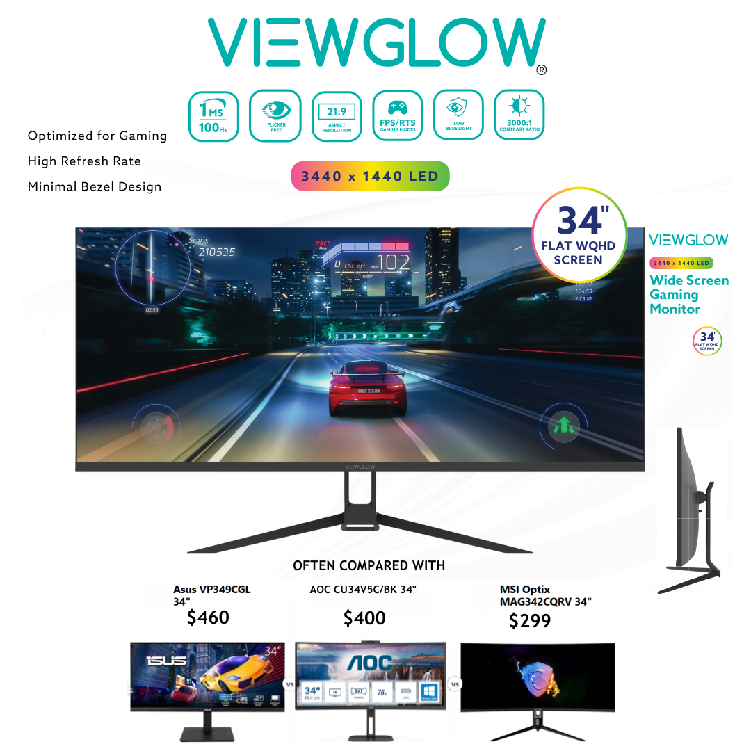 ViewGlow 34" GAMING MONITOR 3440X1440 LED WQHD 1MS 100HZ 21:9 WIDE MONITOR IMMERSIVE GAMING