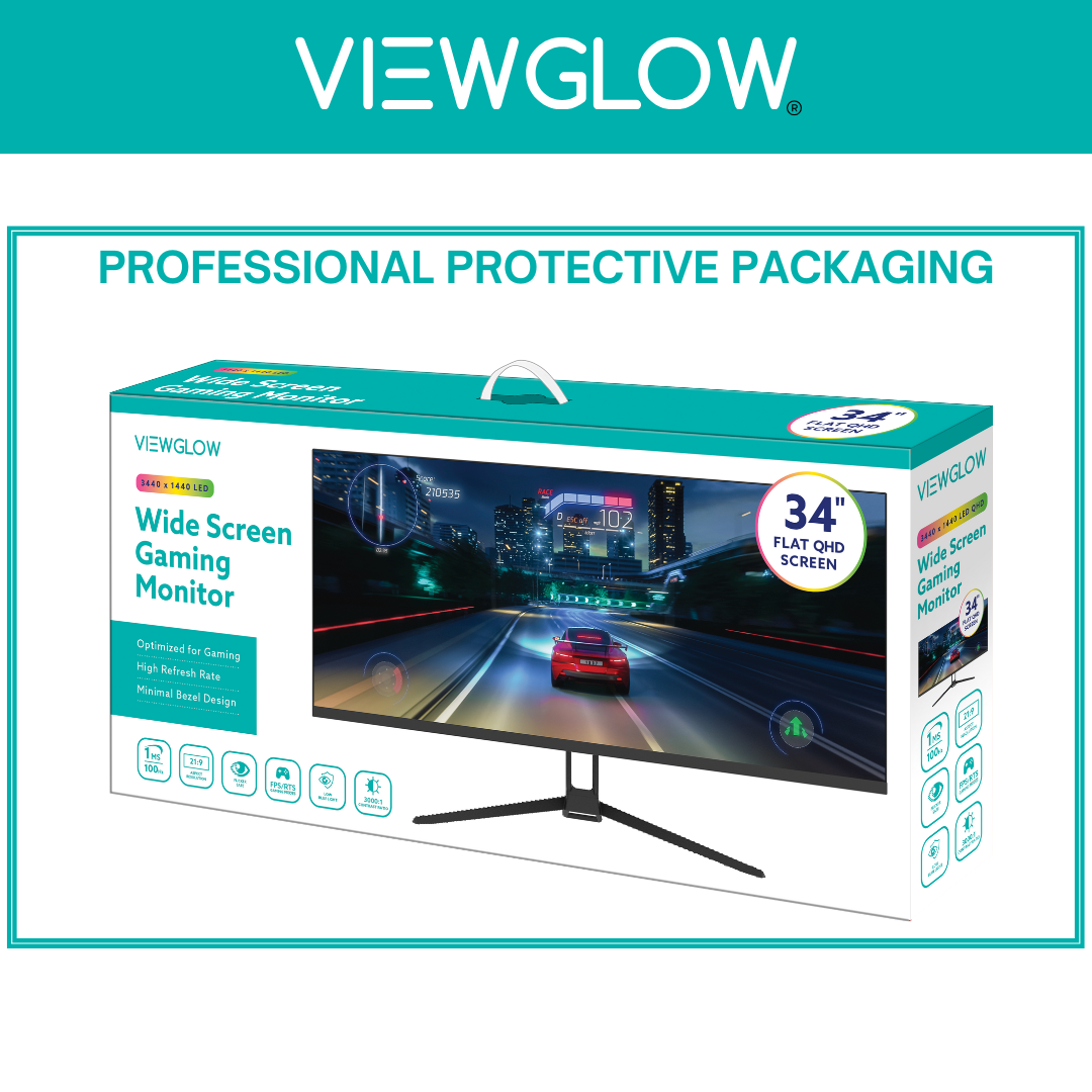 ViewGlow 34" GAMING MONITOR 3440X1440 LED WQHD 1MS 100HZ 21:9 WIDE MONITOR IMMERSIVE GAMING