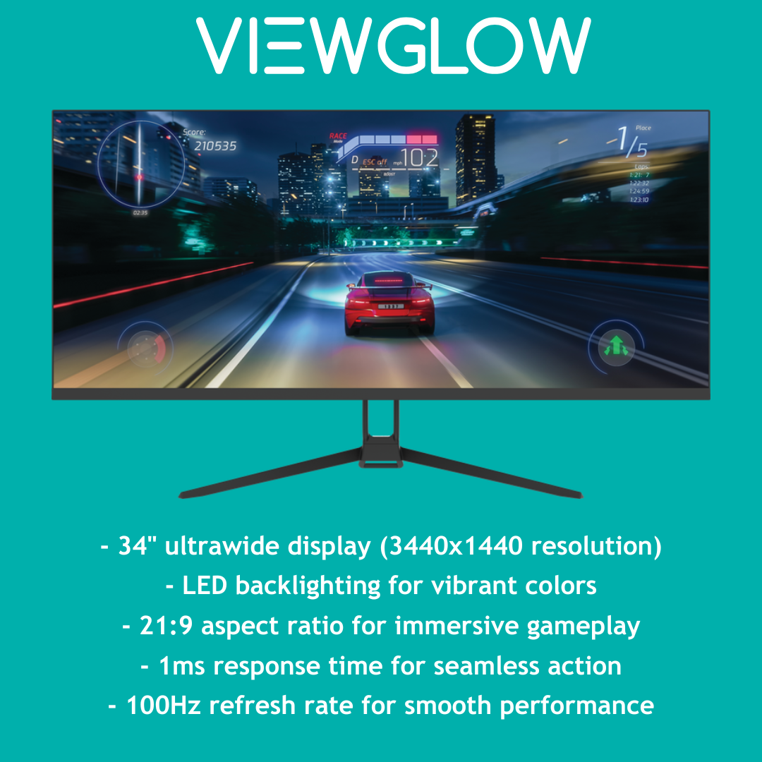 ViewGlow 34" GAMING MONITOR 3440X1440 LED WQHD 1MS 100HZ 21:9 WIDE MONITOR IMMERSIVE GAMING